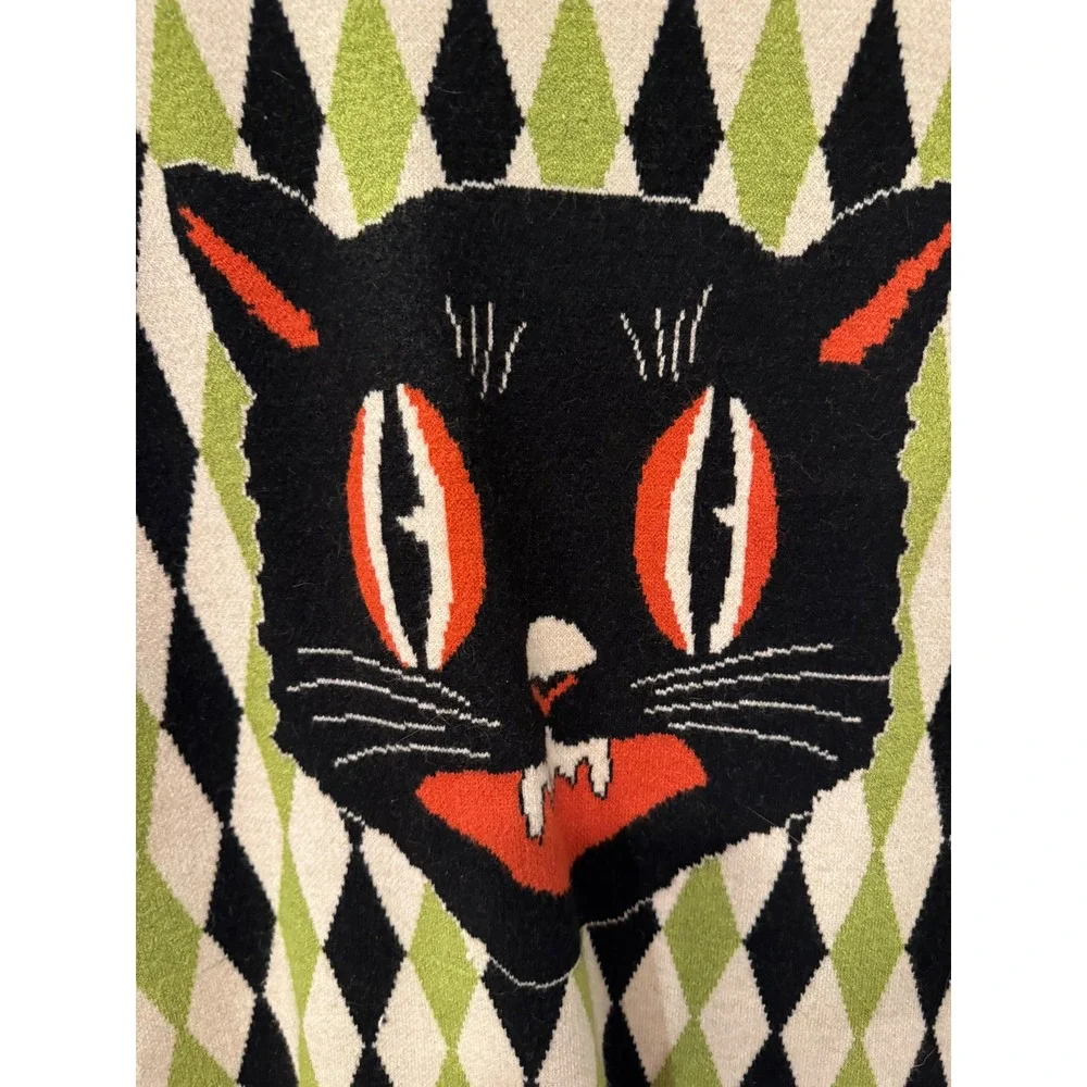 The Oblong Box Shop Black Cat Argyle Sweater XL Green Black Retro Rockabilly